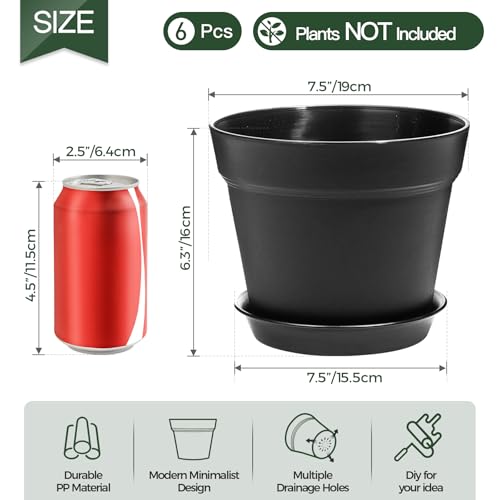 T4U 7.5 Inch Plant Pots 6 Pcs, Flower Pots for Indoor Plants Plastic Pots for Plants with Drainage Holes and Saucer, Planters for Indoor Plants for House Cactus Succulent Black - color: Black, size: 7.5 inch