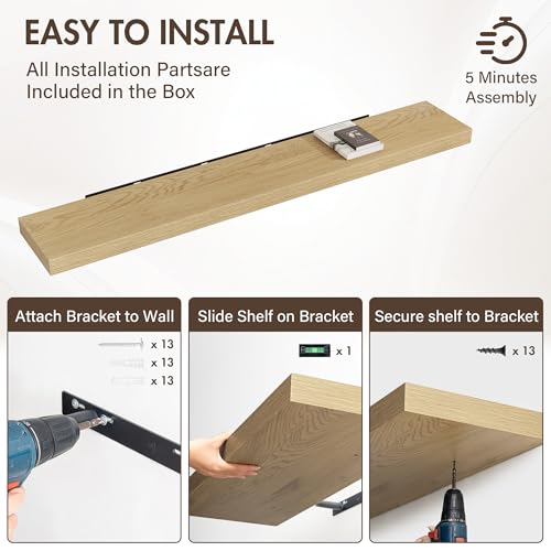 Acovy 72 Inch Floating Shelves, 12" Deep Floating Shelf Wall Mounted, 72" Wall Shelves, Rustic Deep Bookshelf, Extra Deeper & Thicker Display Shelves for Bedroom, Living Room, Oak, Set of 1 - color: Oak, size: 12"Wx72"L-1pc