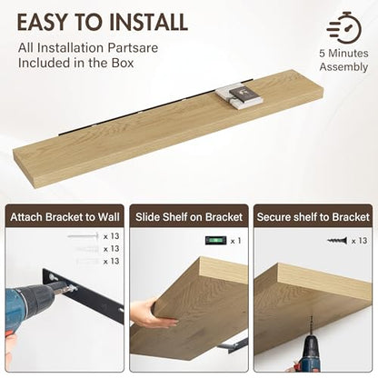 Acovy 72 Inch Floating Shelves, 12" Deep Floating Shelf Wall Mounted, 72" Wall Shelves, Rustic Deep Bookshelf, Extra Deeper & Thicker Display Shelves for Bedroom, Living Room, Oak, Set of 1 - color: Oak, size: 12"Wx72"L-1pc