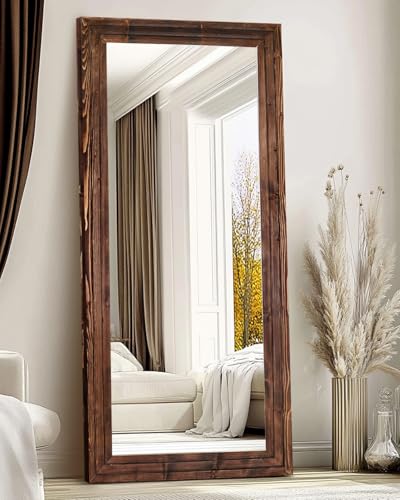 71x30in Full Length Mirror, 3-Tier Stepped Solid Wood Frame, Brown - color: Brown, size: 71"L x 30"W