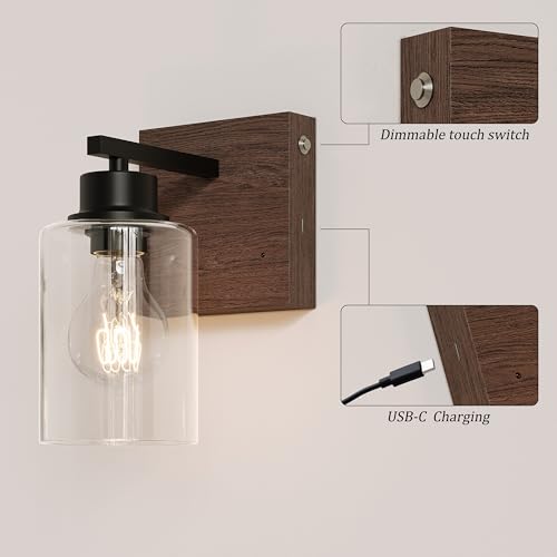Rayogale Wireless Battery Operated Wall Sconce Set of 2 with Remote Control | Black & Walnut Dimmable Rechargeable Wall Lights with Timer, Easy Install Glass Lamp for Living Room Bedroom, Emergency 3000K - color: Black Walnut(Clear Lampshades)
