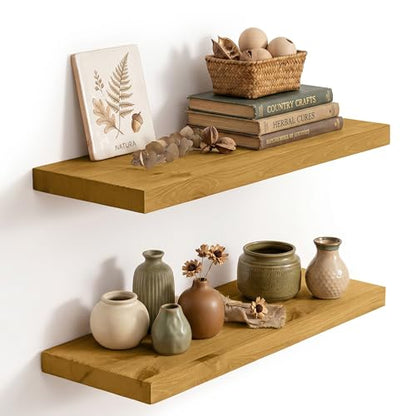 Solid Wood Floating Shelves for Wall 24 inch,Natural Wooden Shelf Set of 2 - color: Natural, size: 24inches-2P