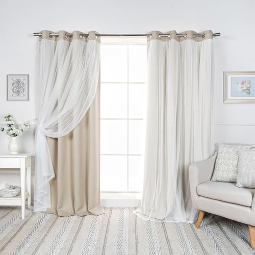 Best Home Fashion Set of 2 Lace Tulle Overlay Thermal Insulated Solid Blackout, Stainless Steel Nickel Grommet Window Panels for Bedroom, Living Room, Dining Room - 52" W x 84" L, Beige - color: Beige, size: 52"W x 84"L (Pack of 2)