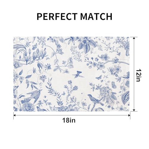 QIYI Boho Table Placemats Set of 4, 12"x18" Linen Place Mats, Blue Garden - color: Blue Garden, size: Set of 4