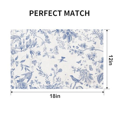 QIYI Boho Table Placemats Set of 4, 12"x18" Linen Place Mats, Blue Garden - color: Blue Garden, size: Set of 4