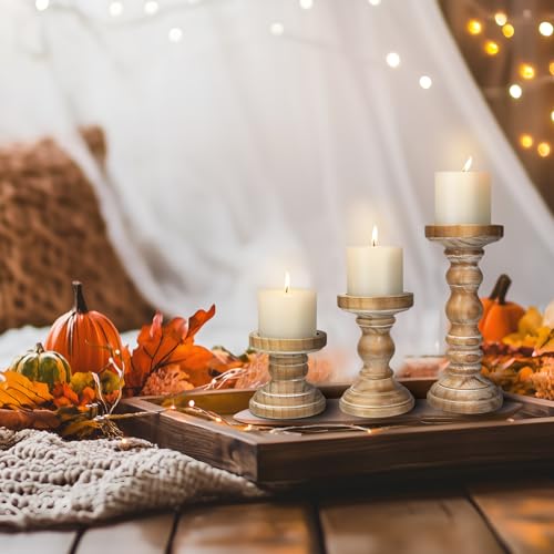 Candle Holder for Pillar Candle Set of 3, Farmhouse Wood Candle Holder, Rustic Wooden Candle Stand, Vintage Tall Candle Stand Decorative for Living Room, Table Centerpiece,Brown - color: Washedbrown
