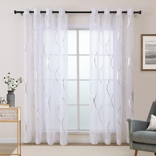 L.Z.E White and Silver Sheer Curtains for Living Room, See Through Sheer Curtains 72 Inches Long 2 Panels Set, Grommet Light Filtering Window Drapes with Elegant Wave Patterns - color: (Grommet) Silver Waves, size: 54"W x 72"L (Pack of 2)