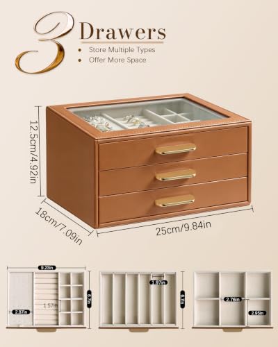 Homeanda Jewelry Boxes Organizer with Glass Lid, 3-Layer PU Leather, Brown - color: Brown, size: 3 Layer