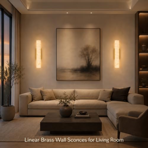 Alabaster Wall Sconce, 20in Linear Gold Brass Wall Sconces, Luxury Marble Look Bathroom Vanity Light, 3000K Dimmable Hardwired Wall Lamp for Living Room Bedroom Hallway, 1 Pack, Faux Alabaster - color: Gold-20in-1pcs