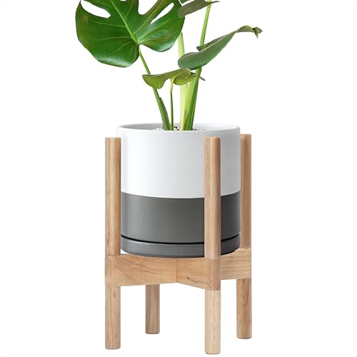 D'vine Dev Ceramic Pot with Natural Wood Stand, White/Grey, 8 in, 55-B-N-6 - color: White/Grey Pot + Natural Stand, size: 8 Inch