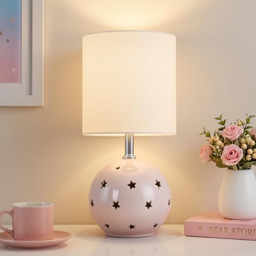 Small Table Lamp, 14" Pink Ceramic Bedside Lamp for Girls Kids Bedroom,Dorm - color: Pink