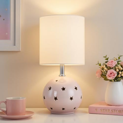 Small Table Lamp, 14" Pink Ceramic Bedside Lamp for Girls Kids Bedroom,Dorm - color: Pink