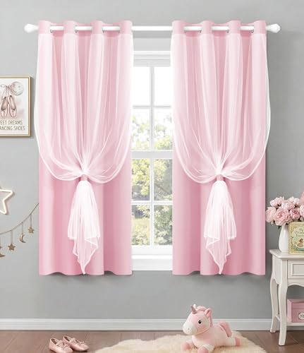 100% Blackout Curtains with Sheer Overlay, Pink, 52 x 63 inch, 2 Panels - color: Pink, size: 52"W x 63"L (Pack of 2)