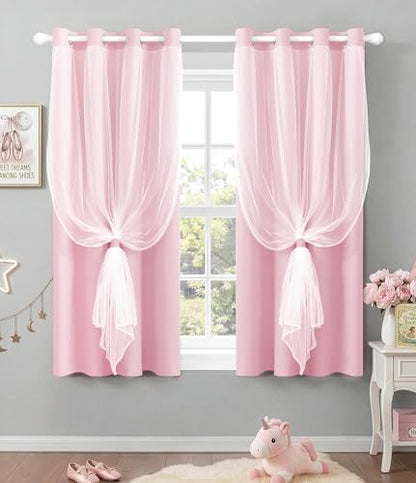 100% Blackout Curtains with Sheer Overlay, Pink, 52 x 63 inch, 2 Panels - color: Pink, size: 52"W x 63"L (Pack of 2)