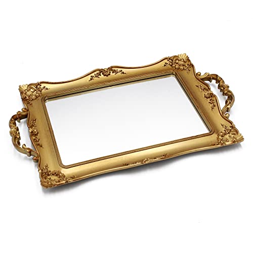 Tstarer Antique Decorative Pink Framed Square Mirror Tray (Golden) - color: Golden