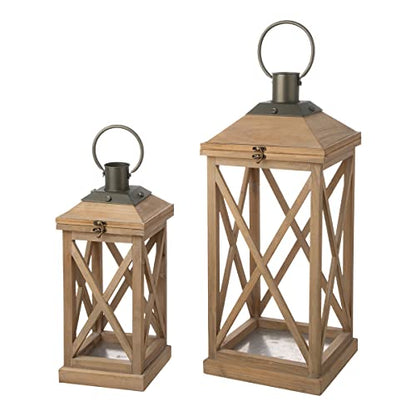 Glitzhome Set of 2 Mondern Farmhouse Wood Metal Decorative Lanterns Hanging Candle Lanterns,Natural (No Glass) - color: Brown