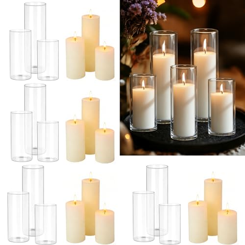 24 PCS White Pillar Candles with Glass Candle Holders Clear Hurricane Candle Holders Glass Cylinder Vases for Centerpieces Wedding Party, Event, Home Decor Ivory White