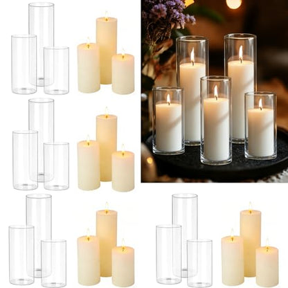 24 PCS White Pillar Candles with Glass Candle Holders Clear Hurricane Candle Holders Glass Cylinder Vases for Centerpieces Wedding Party, Event, Home Decor Ivory White