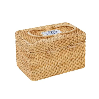 Rattan Storage Basket with Lid – 12×8×7.5 inch for Home - size: 12"×8"×7.5"