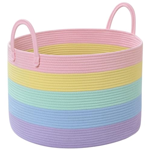 67L Large Rainbow Blanket Basket, Cotton Rope Baby Laundry Hamper with Handles, Kids Toy Basket for Classroom & Nursery, Soft Round Stuffed Animal Storage, Dog Toy Bin - 20"x13", Light Rainbow - color: Light Rainbow - W, size: Wide (20"D×13"H)