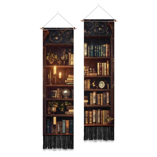 PLIGREAT 2 Pack Vintage Bookshelf Tapestry with Tassel Classic Library Wall Tapestry Vertical Wall Hanging for College Dorm Bedroom Living Room Long Narrow Home Hanging Decor, 46" x 13" - color: brown,green