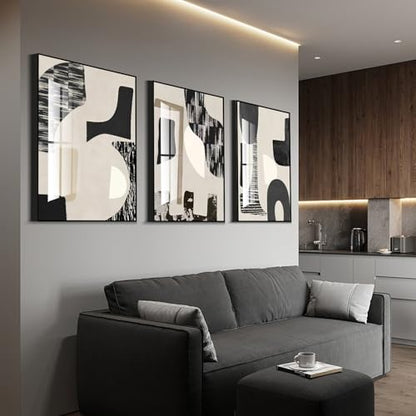 QKF 3Pcs Black White Abstract Crystal Geometric Framed Canvas Wall Art Set - color: Black and white, size: 20" X 28" X 3 pieces