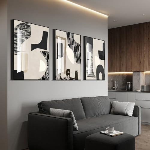 QKF 3Pcs Black White Abstract Crystal Geometric Framed Canvas Wall Art Set - color: Black and white, size: 16" X 24" X 3 pieces