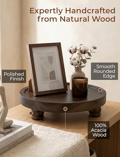 Demigo Acacia Wood Round Tray, 10 in Pedestal Riser Stand, Dark Brown - color: Dark Brown