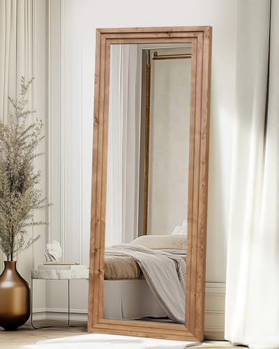 65x24in Full Length Mirror, 3-Tier Stepped Solid Wood Frame - color: Light Brown, size: 65"L x 24"W