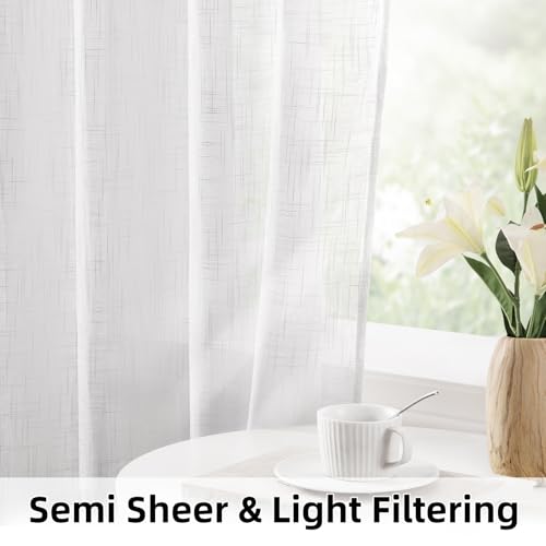 HOMEIDEAS White Sheer Linen Curtains 84 inches Long, 2 Panels Set - color: White, size: 52"W x 84"L (Pack of 2)