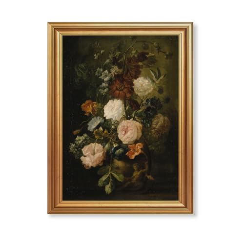 EJPFOGV Baroque Dark Background Floral Framed Canvas Wall Art 12x16 inches - color: Flowers, size: 16"L x 12"W