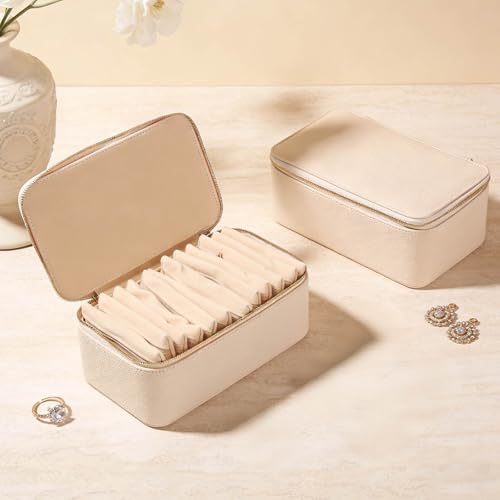 Travel Jewelry Case with 12 Velvet Zipped Pouches Bags, Beige - color: Beige - 12 Pouch