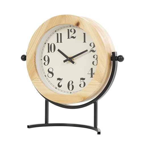 Deco 79 Wood Clock with Curved Black Metal Stand and Ball Details, 10" x 3" x 10", Light Brown