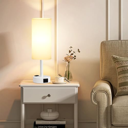 Fenmzee White Bedside Lamp for Bedroom, Dimmable Touch, USB A+C, AC Outlet - color: White - White, size: 14"