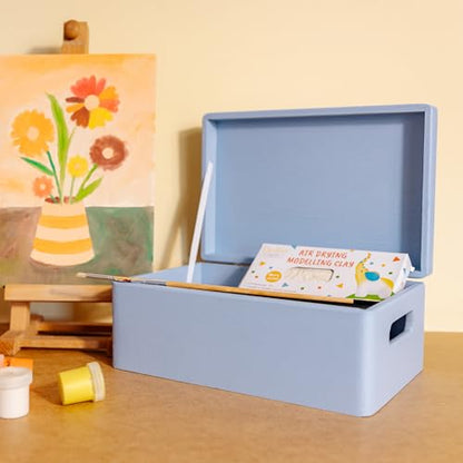 Creative Deco Large Blue Wooden Box Storage with Hinged Lid - color: Blue, size: L | Handles