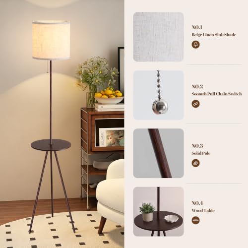 Floor Lamp with Table Attached, Linen Shade, Standing Lamp for Living Room - color: Brown