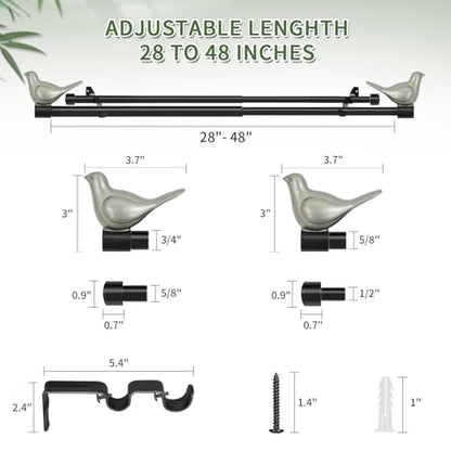3/4" Diameter Farmhouse Double Window Treatment Curtain Rod, Pewter Bird Finials (28"-48", Black Rod) - color: Black with Pewter Finial, size: 28"-48"