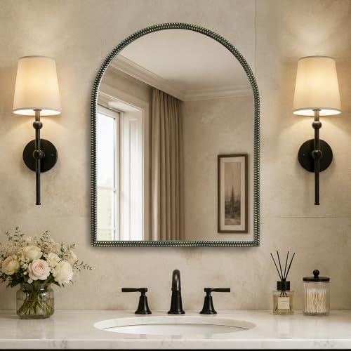 HOMECOOKIN Black Vintage Arched Mirror, 32x24 Inch Vanity Wall Mirror with Antique Metal Beaded Ornate Frame, Baroque Decorative Mirror for Bathroom, Living Room, Fireplace, Entryway - color: Black-a, size: 32"L x 24"W