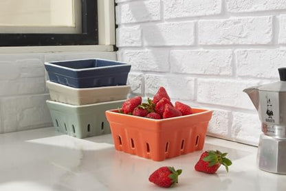 ONEMORE Ceramic Berry Basket, Square Fruit Bowls, Rustic Stoneware Berry Colander Set of 2, 5.7 inch, Gray & Light Green - color: Gray & Light Green