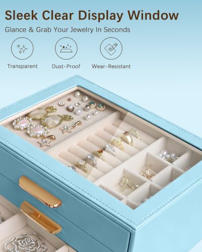 Homeanda Jewelry Boxes Organizer with Glass Lid, 3-Layer PU Leather, Blue - color: Smoky Blue, size: 3 Layer