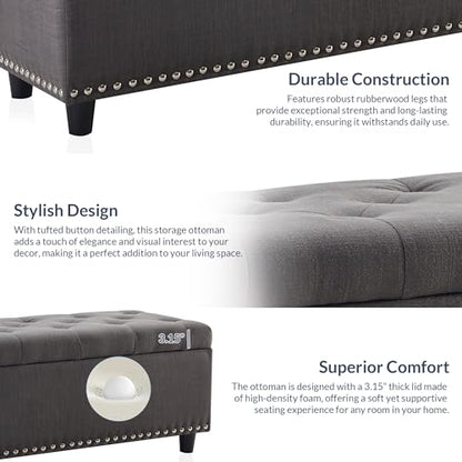 BELLEZE Storage Ottoman, Tufted Ottoman with Close Hinge, Foot Rest for Living Room (Dark Gray, 47 inch) - color: Dark Gray a