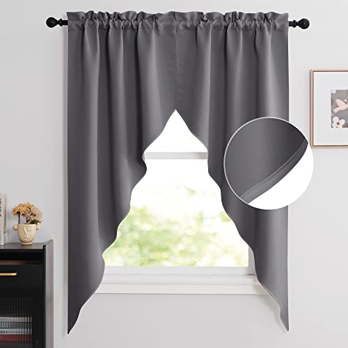 NICETOWN Blackout Window Treatment Pole Pocket Kitchen Tier Curtains- Tailored Scalloped Valance/Swags for Living Room (One Pair, 36 Wide by 63-inches Long Each Panel, Grey) - color: Grey, size: 36"W x 63"L (Pack of 2)
