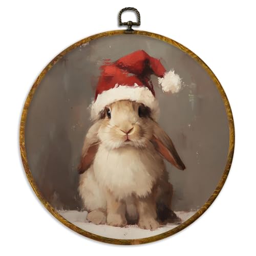 XPH Vintage Christmas Bunny Round Wall Art Framed, Rustic Christmas Rabbit Circle Wall Decor, Cottage Cozy Winter Xmas Bunny Hanging Canvas Prints for Home Bedroom Living Room Decoration, 10x10 Inch - color: Christmas 02