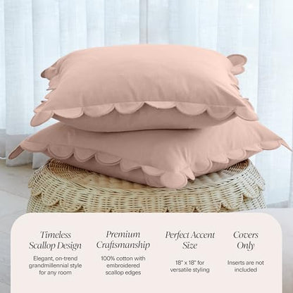 BEBE BASK Scalloped Pillow Cover Set of 2, 18x18, Cotton - Peach Pink - color: Peach Pink/Peach
