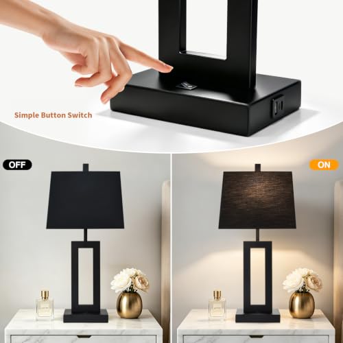 Cinkeda Black Bedside Table Lamp Set of 2, Nightstand Lamps with USB Ports - color: F.Black&Black