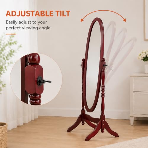 Cheval Mirror Full Length Floor Mirror with Stand, Adjustable Oval Wood Standing Mirror, Freestanding Dressing Mirror for Bedroom, Living Room and Dressing Area (Cherry) - color: Cherry