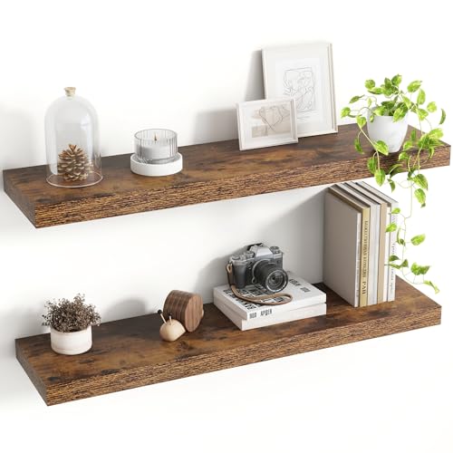 Acovy 30 Inch Floating Shelves, 8 Inch Deep Floating Shelves for Wall, Hanging Shelf with Invisible Brackets, Deep Shelves for Bathroom, Bedroom, Living Room, Brown, Set of 2 - color: Brown, size: 8"Wx30"L-2pcs