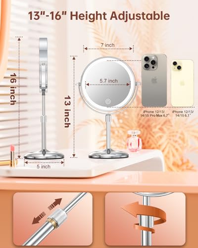 7" Lighted Makeup Mirror with Magnification 10X, Height Adjustable,3 Lights - color: Silver
