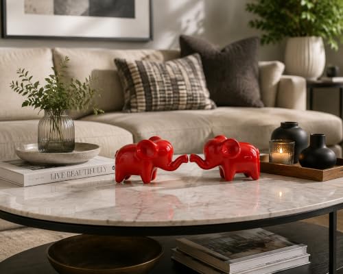 4 Inch Red Ceramic Elephant Figurines Set of 2 - color: Red