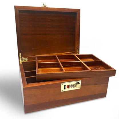 Large Acacia Wooden Storage Box with Hinged Lid and Combination Lock Decorative Boxes with Removable Tray Memory Box Keepsake Chest Stash Boxes Lockable Chest for Jewelry Accessories Treasured Items - style: Code Lock with grid tray